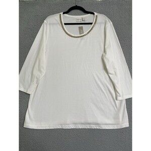 Chicos Zenergy Tunic Top Size 3  (XL) White 3/4 Sleeve Gold Beaded Neckline NWT